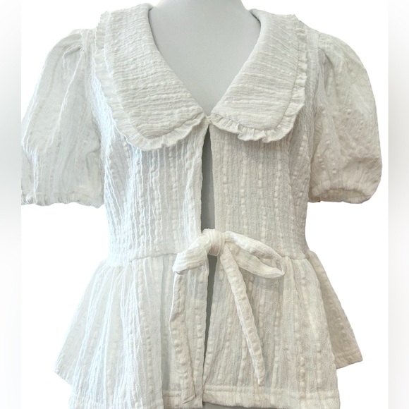 TAES Cottagecore Romantic White Peplum Blouse Peter Pan Collar Tie Front Small - Picture 5 of 10